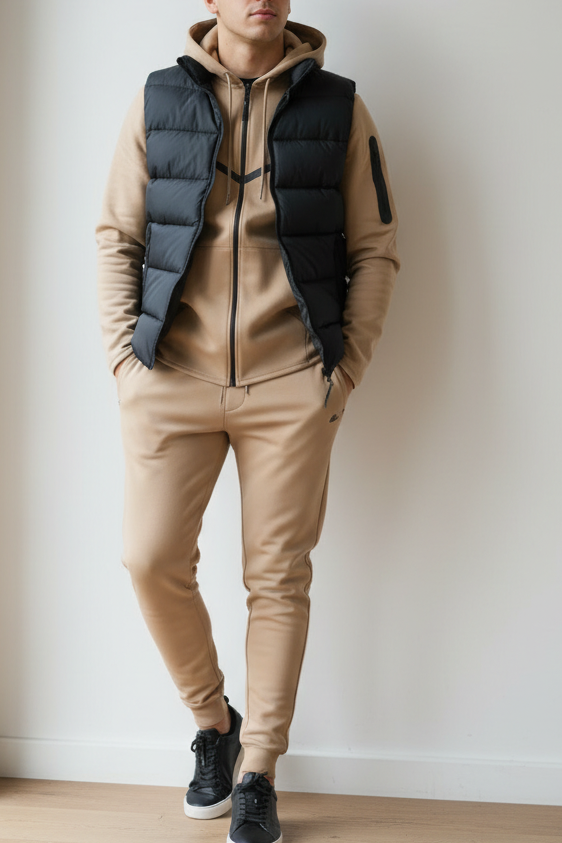 Tracksuit beige — mur blanc épuré
