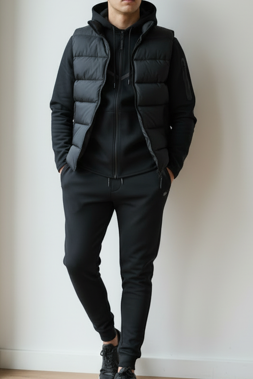 Tracksuit noir — mur blanc épuré